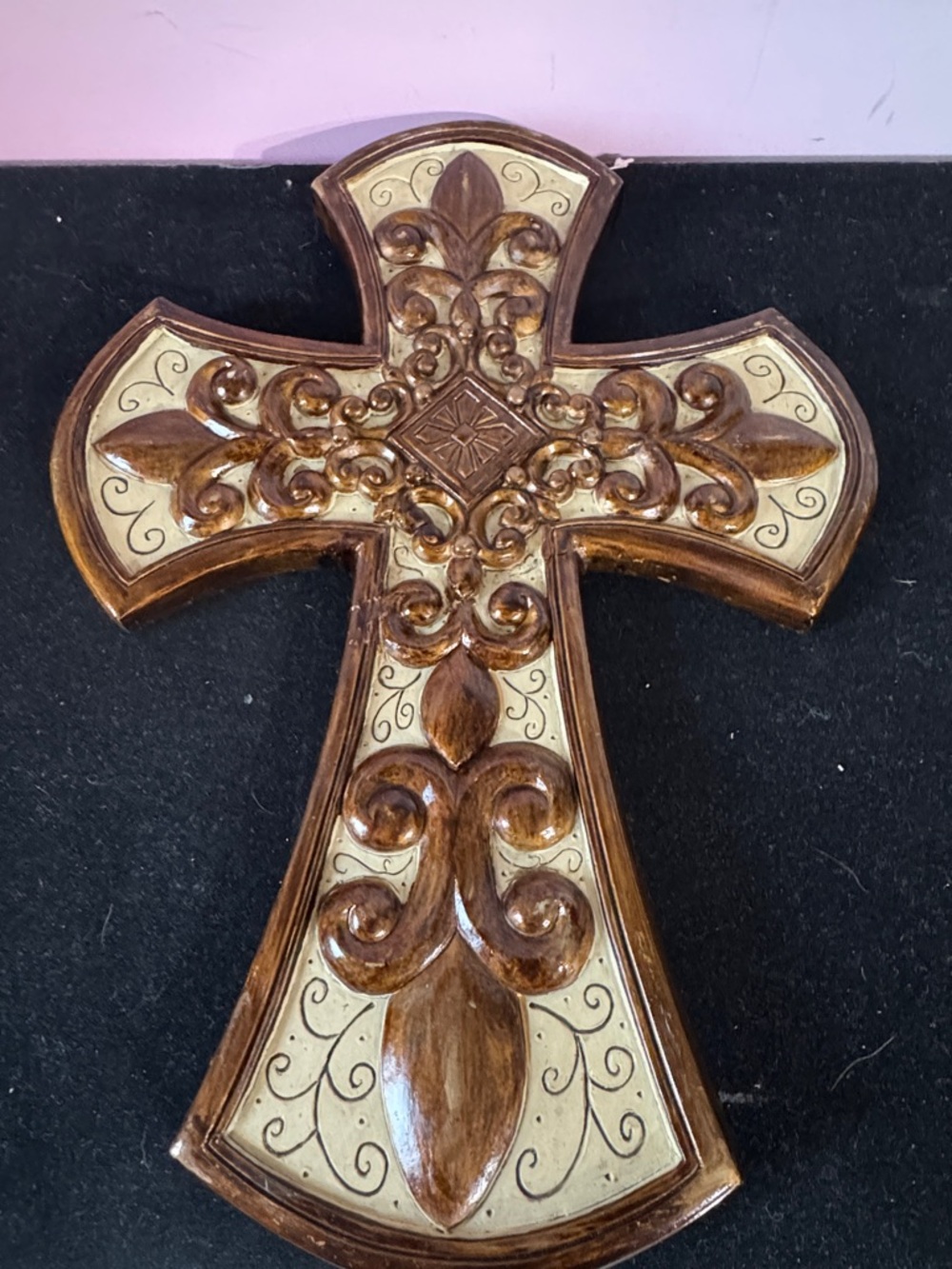 Ornate Decorative Wall Cross in Brown and Cream